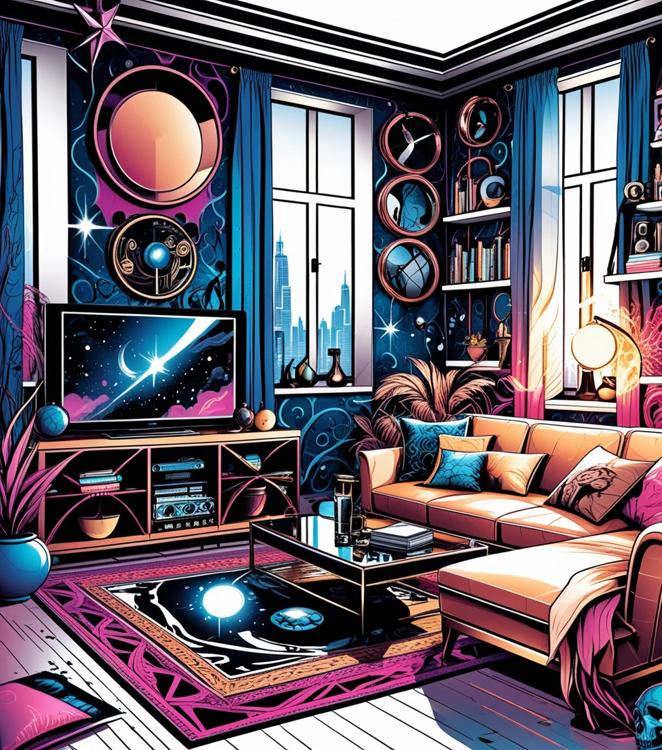 Quarto 3D de interior eclético e sombrio com decoração bruxesca