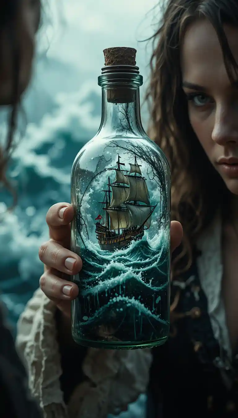 Female pirate studying a stormy ship in a bottle