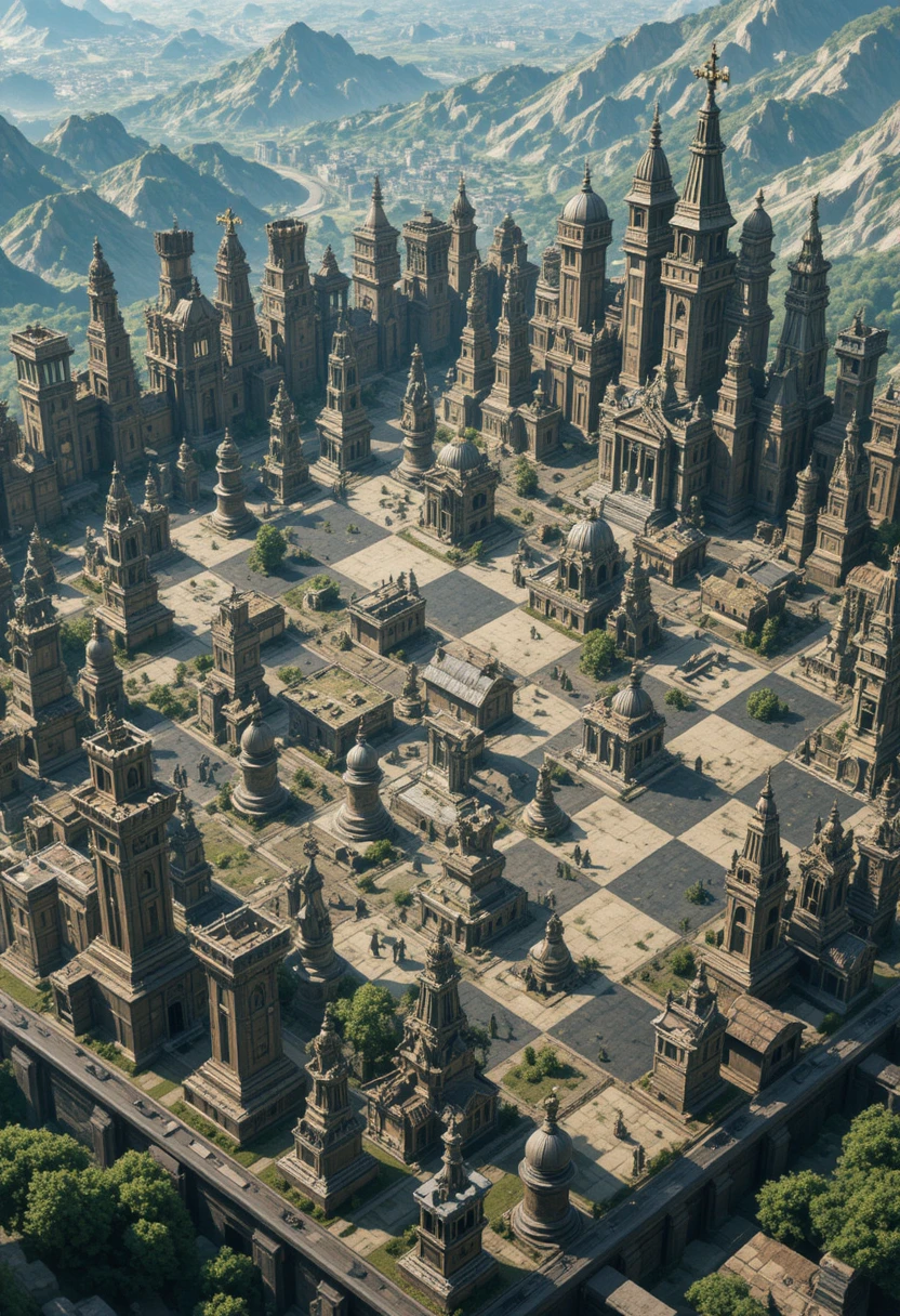 Civilização fantástica construída em um mundo colossal de tabuleiro de xadrez