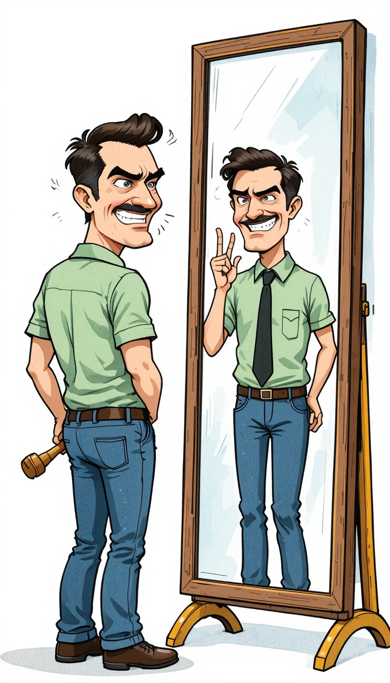 Homem de meia-idade encara seu reflexo sorridente no espelho