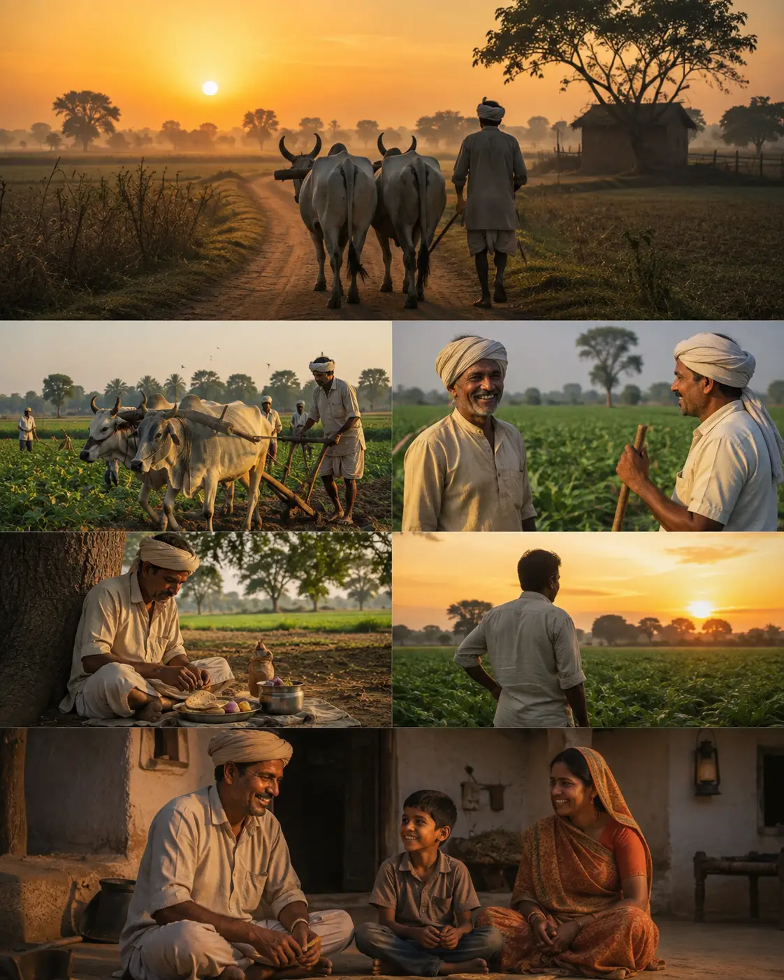Indian farmer walking with oxen at rural sunrise field