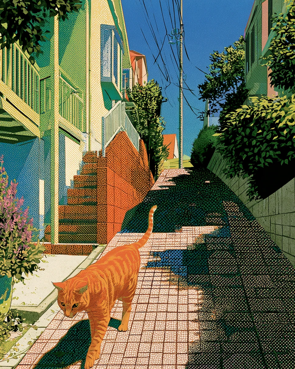 Gatto rosso tigrato gigante lungo un tranquillo sentiero urbano mattutino