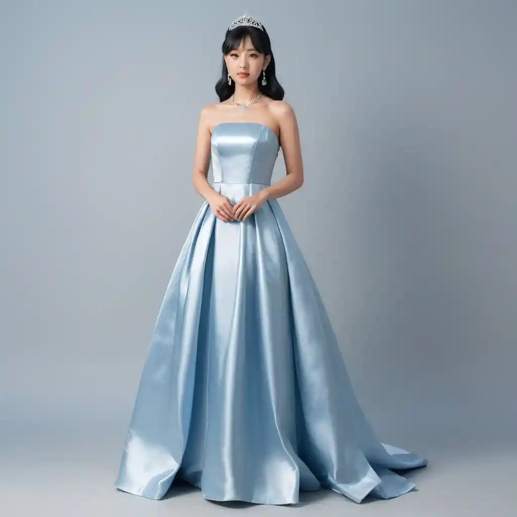 ロイヤルブルーのサテンストラップレスプロムドレスを着たエレガントな少女