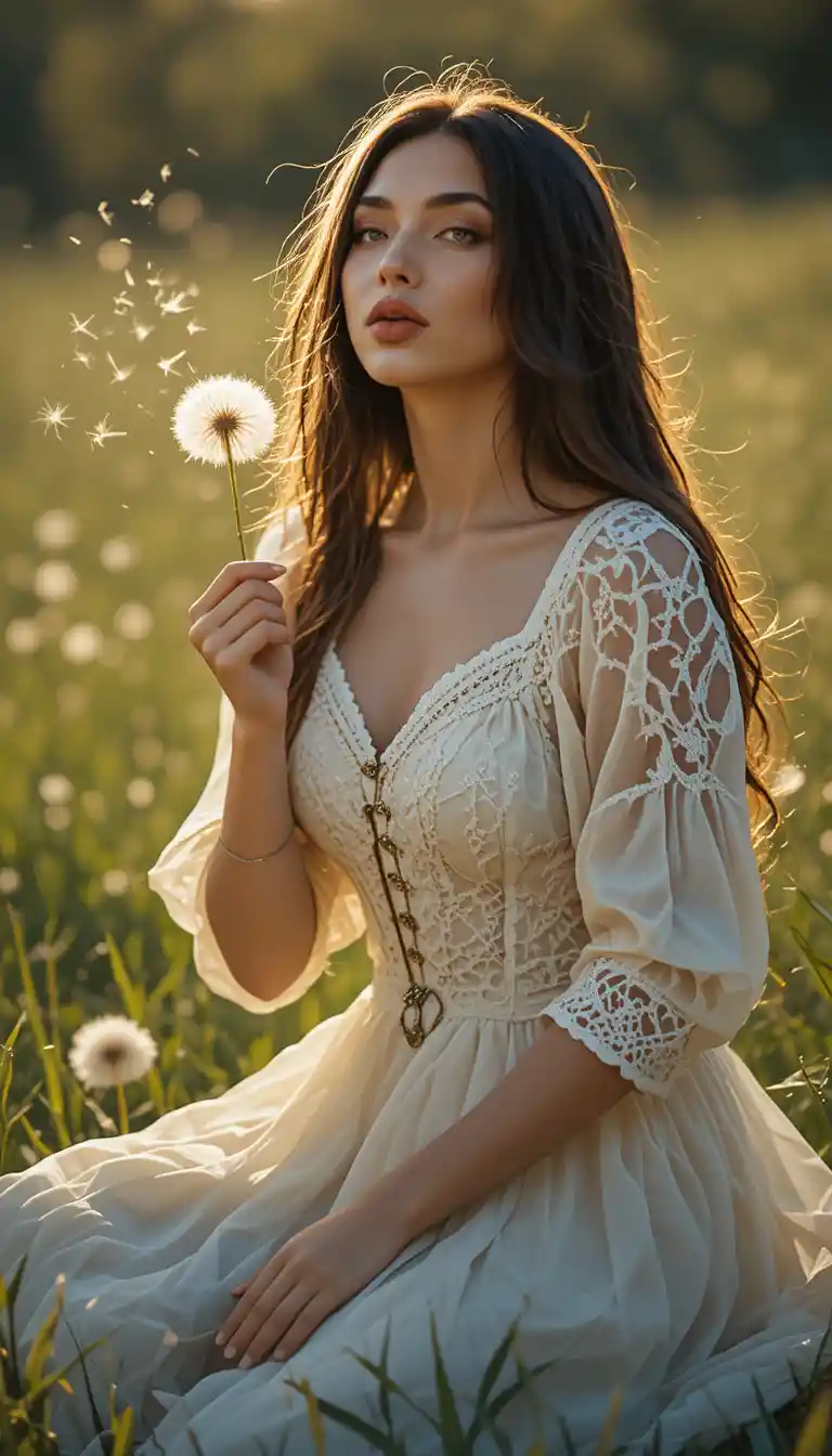 Young woman blowing dandelion seeds in sunny meadow