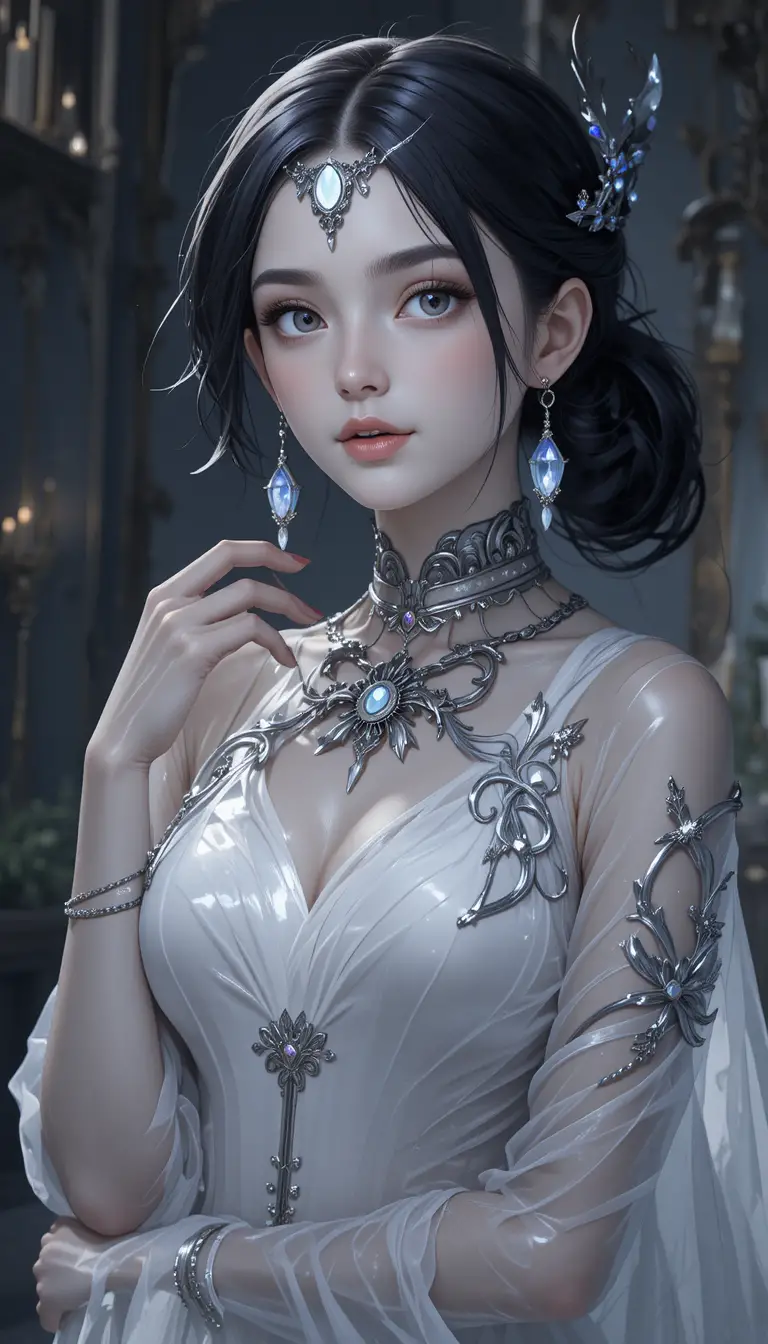 Élégante fille fantôme d’anime avec couronne d’argent et tatouages