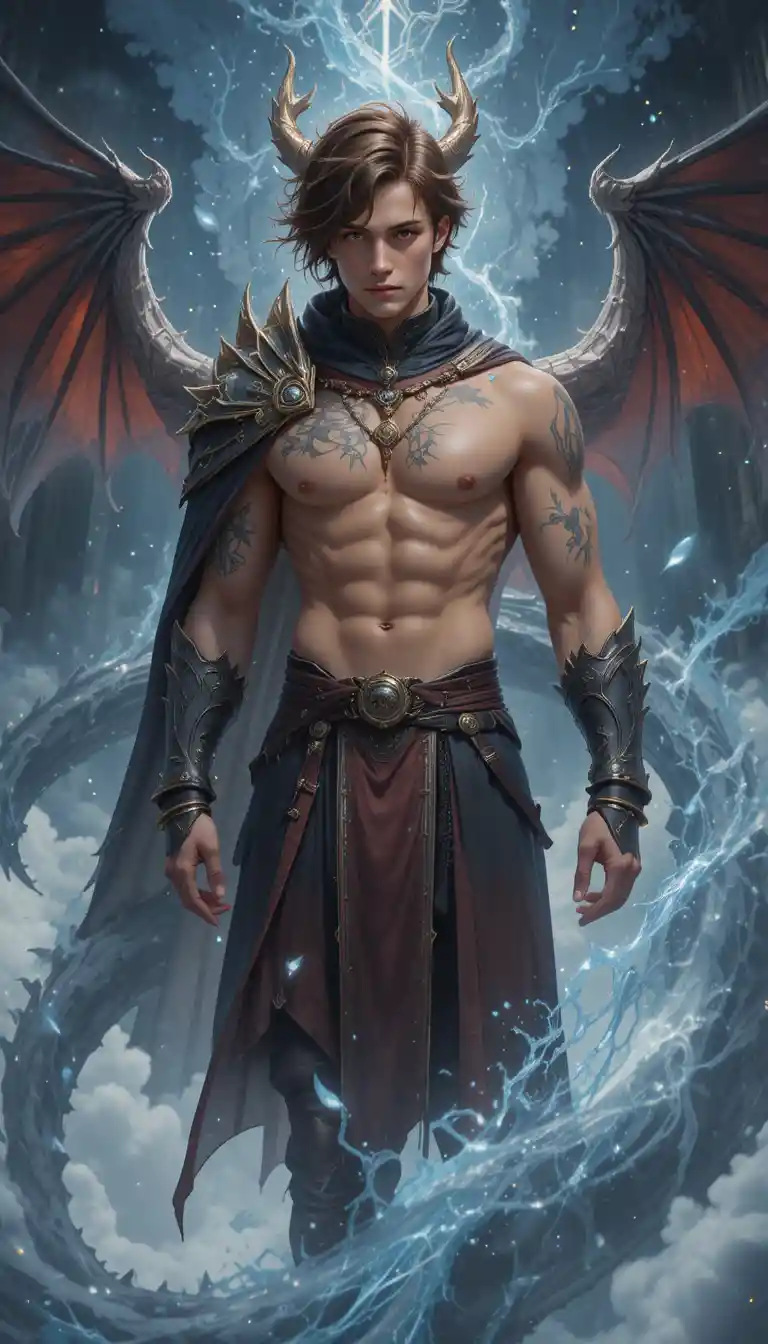 Dragon winged anime warrior with dark horns and armor