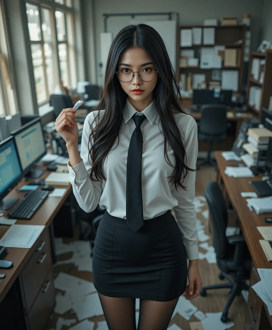 Donna con occhiali in un ufficio teso e in disordine