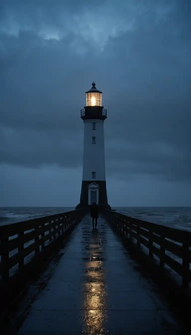 Lonely figure on a decaying pier in a stormy seascape