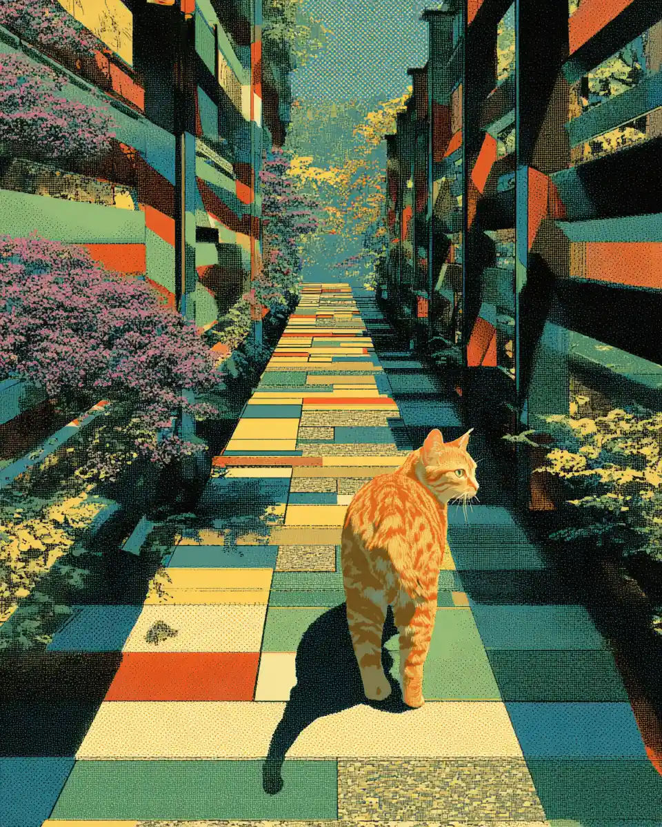 Giant ginger cat towering above an urban morning pathway