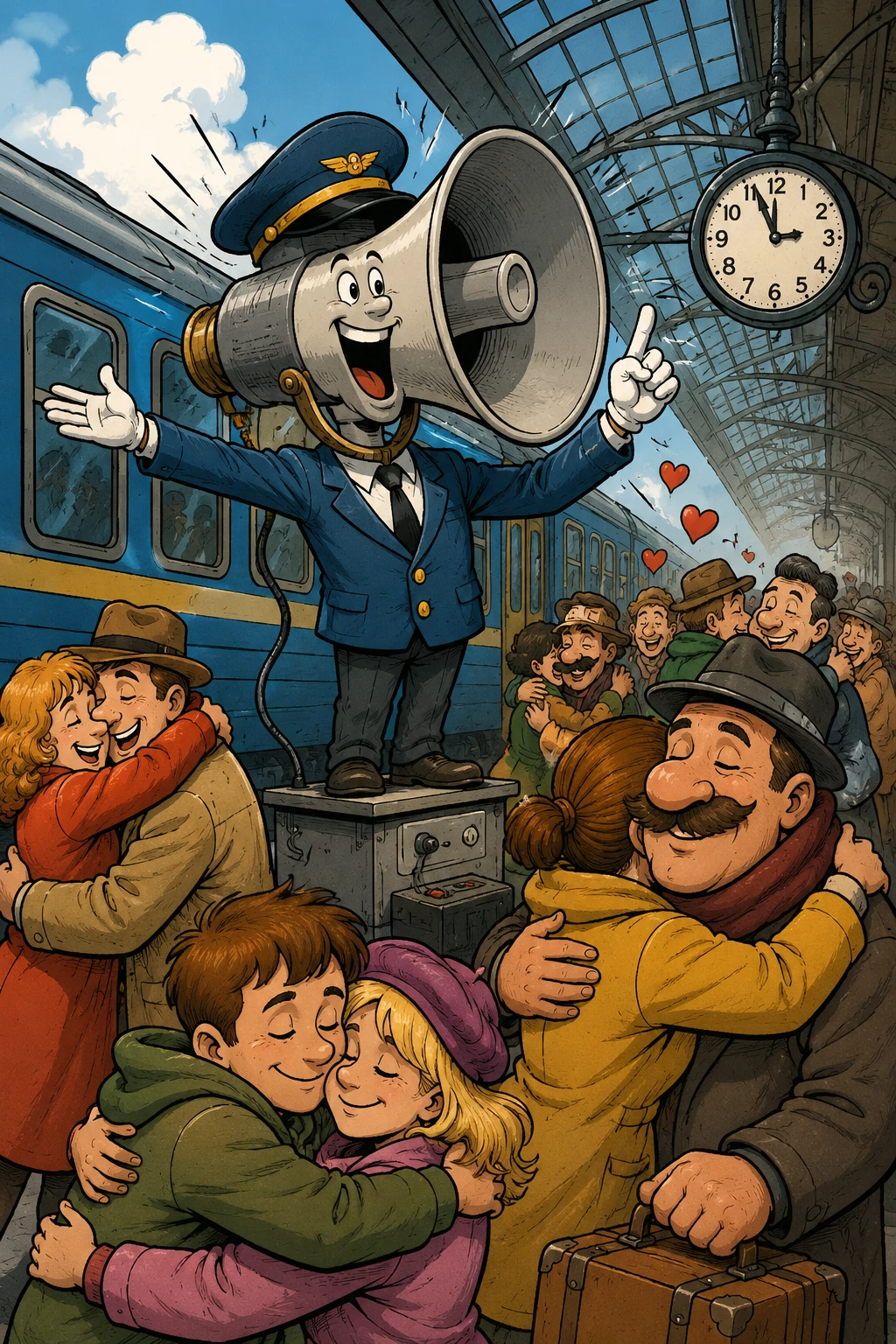 Playful comic loudspeaker announcement at a busy train station