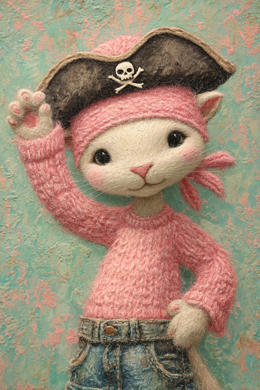 Gato pirata alegre de suéter rosa acenando em close