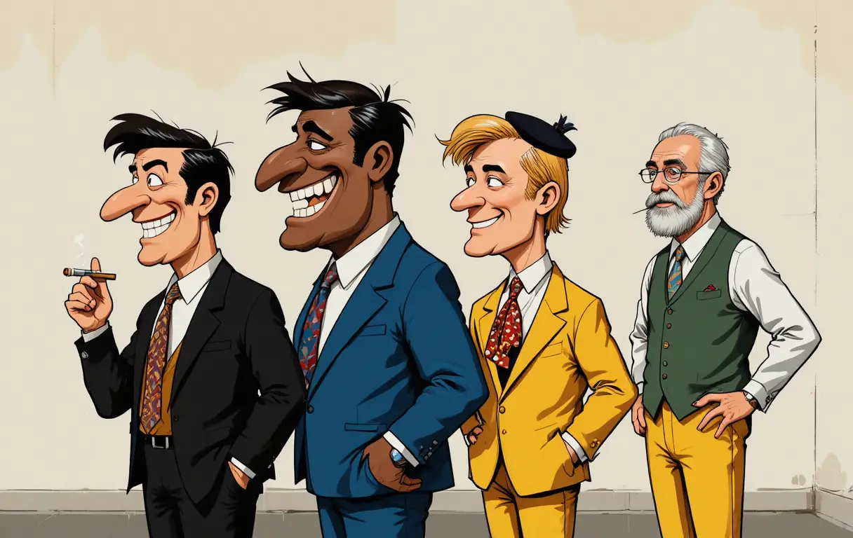 Cartoon group of four caricatured men in profile