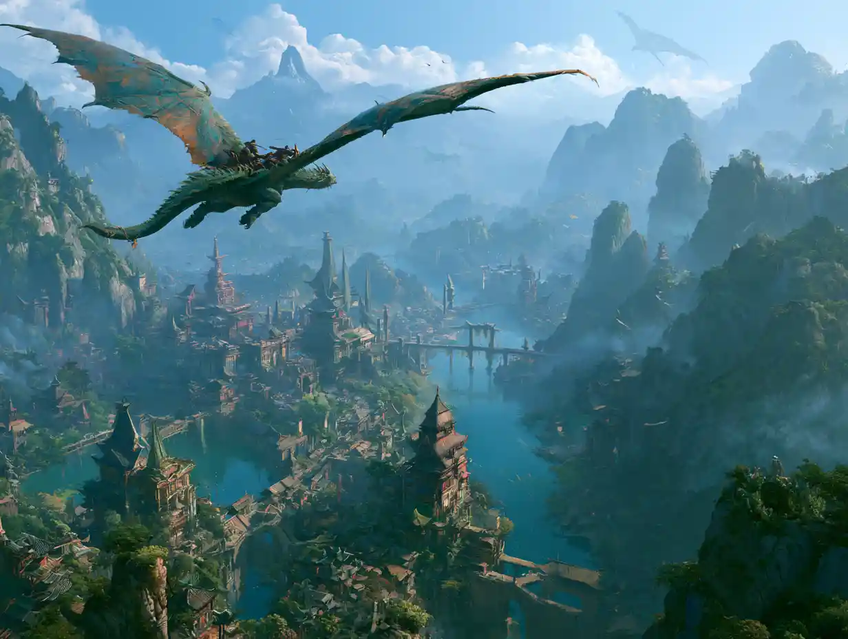Warrior dragons patrol an ancient oriental fantasy city