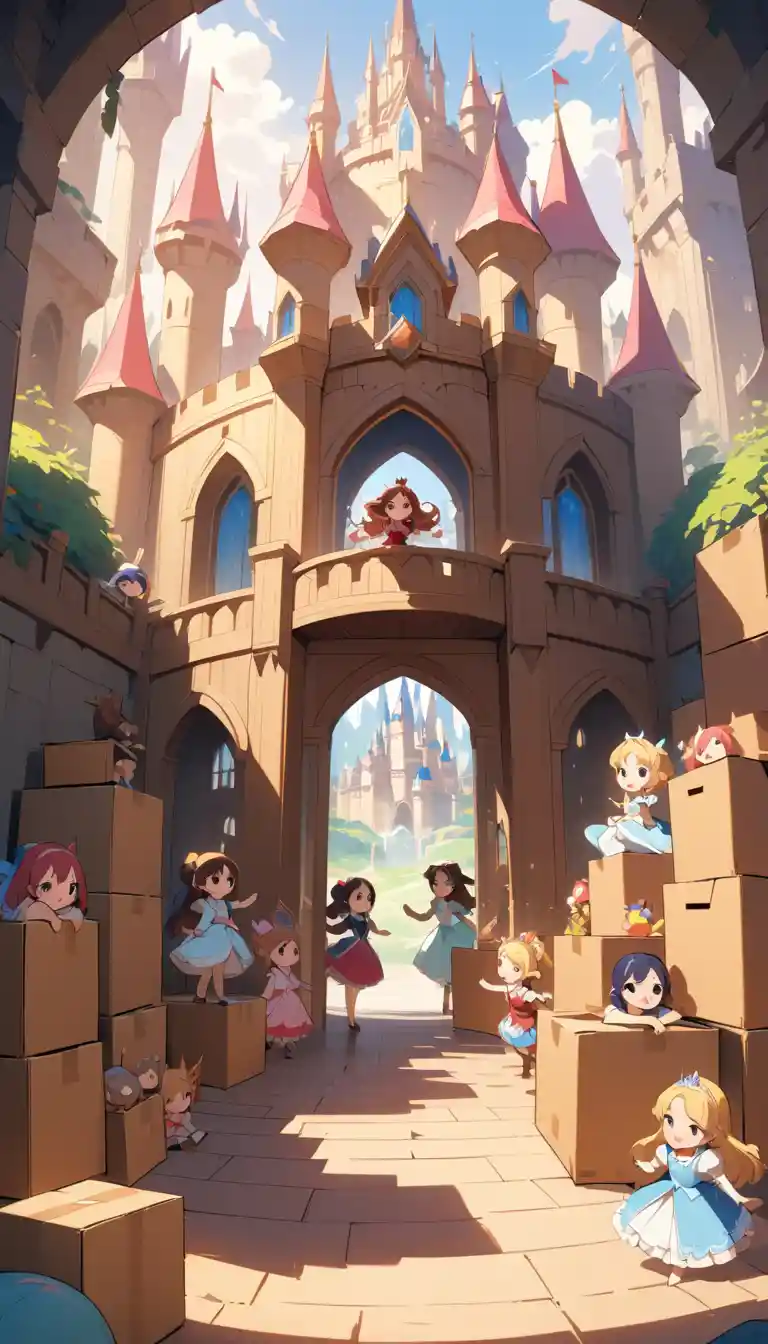 Two happy children playing in a whimsical cardboard castle