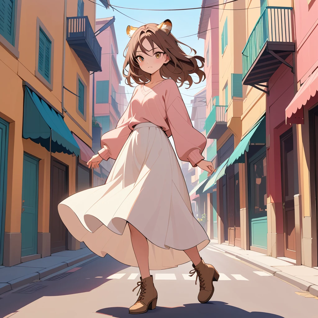 Mulher confiante caminhando em uma rua colorida da cidade