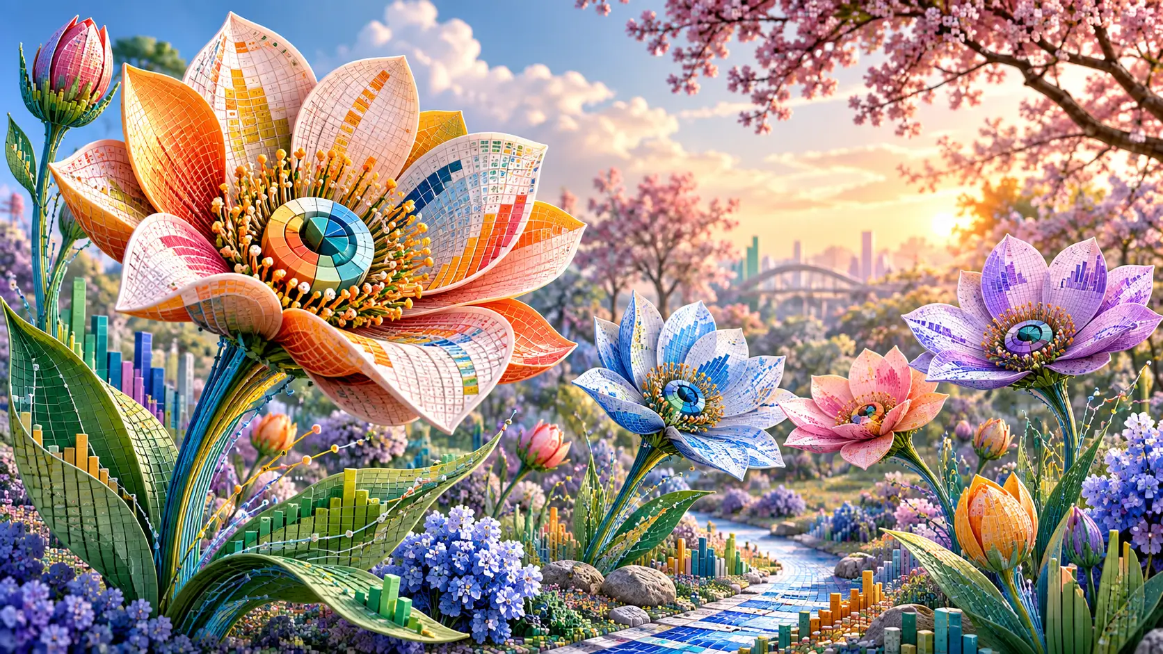 Spring garden of flowers built from colorful data visualizations