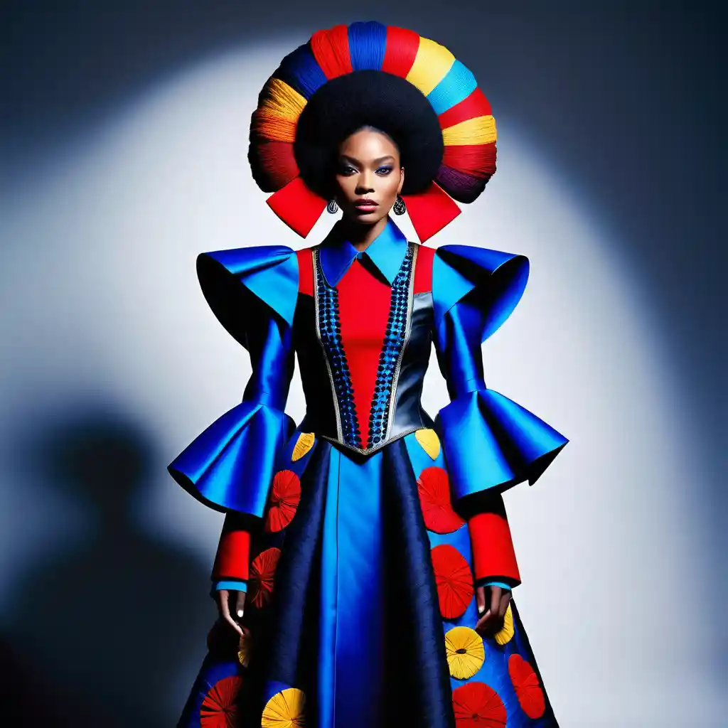 Black model in avant garde wearable art fashion sculpture