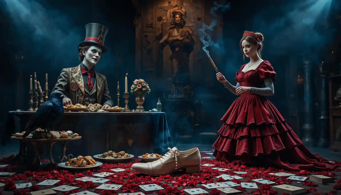 Surreal vaudeville stage with a sinister female figure