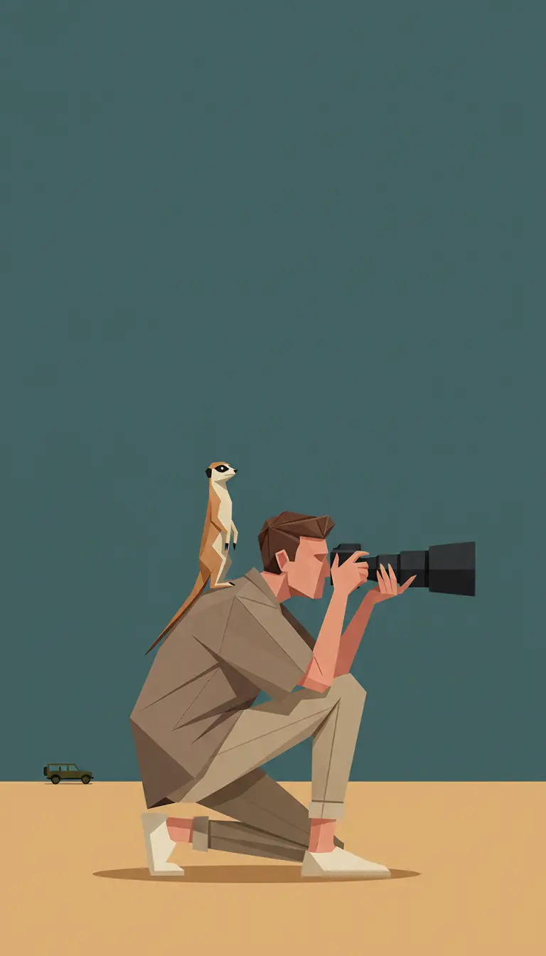 Origami style wildlife photographer with meerkat in sparse desert