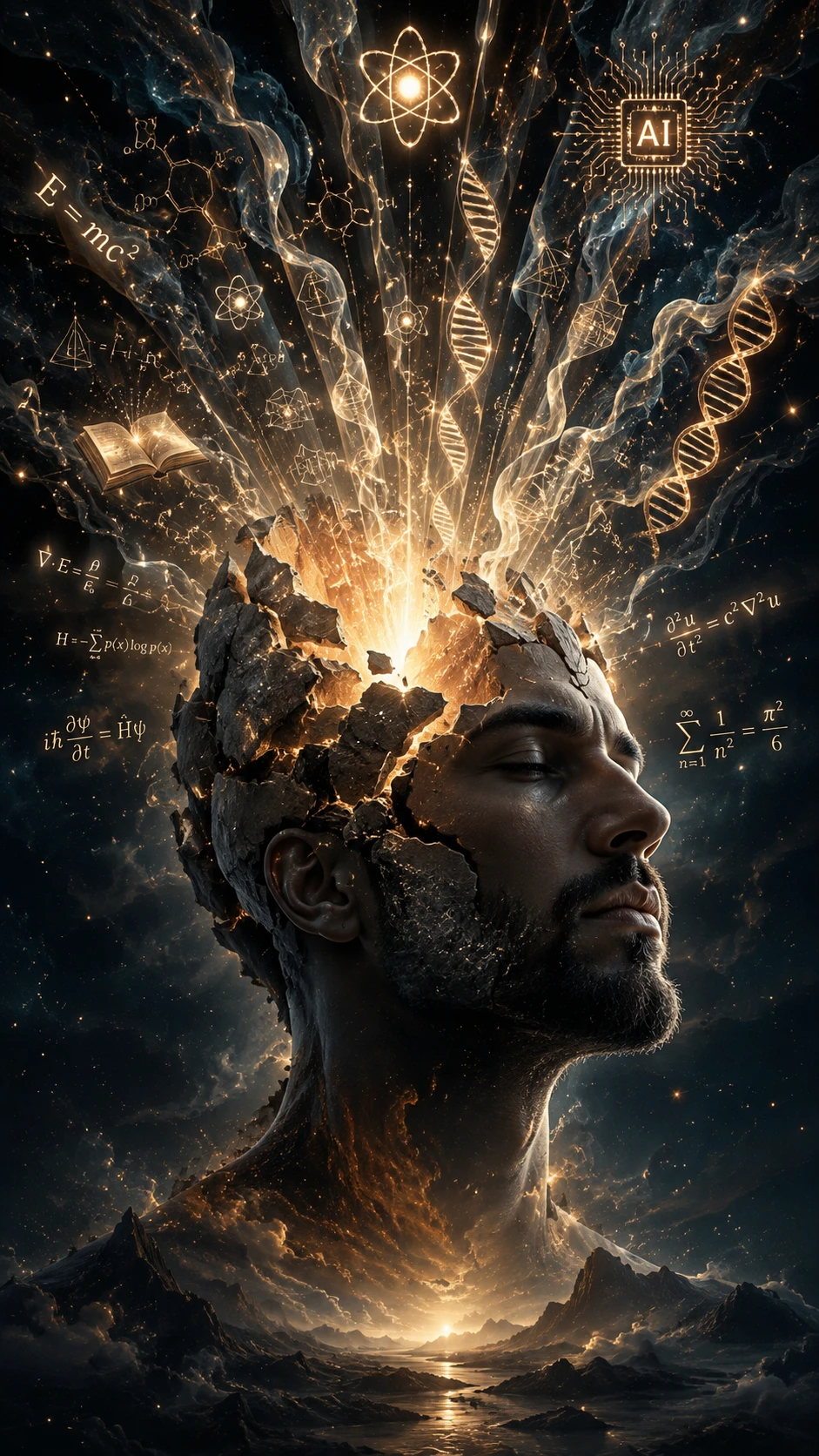 Retrato de doble exposición de un hombre con mente luminosa