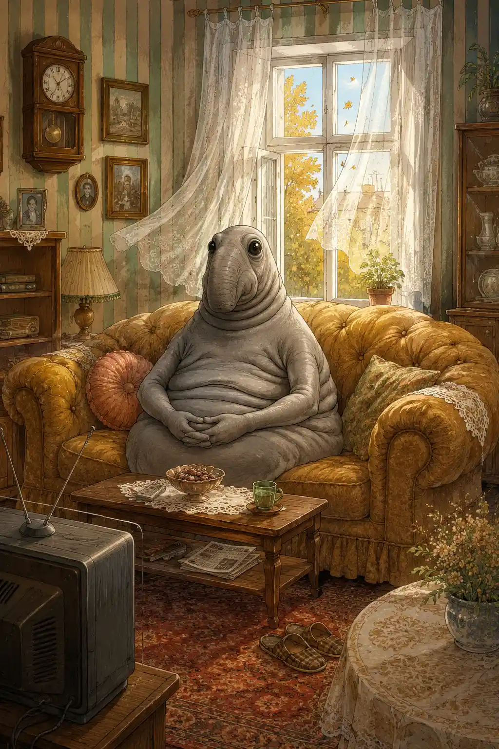 Cozy fantasy creature resting on a plush vintage sofa