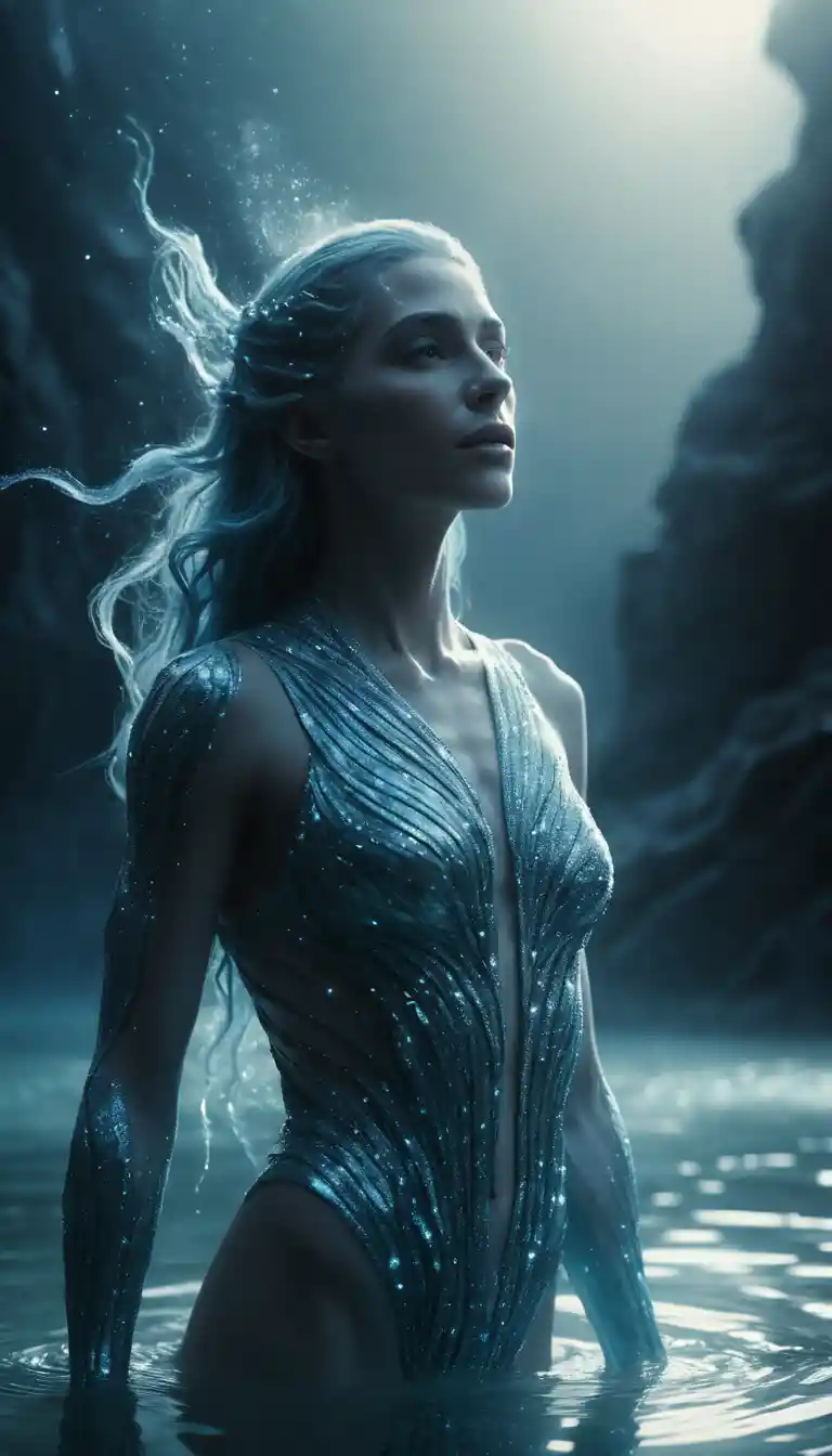 Androgynous aquarius figure glowing in cosmic mist