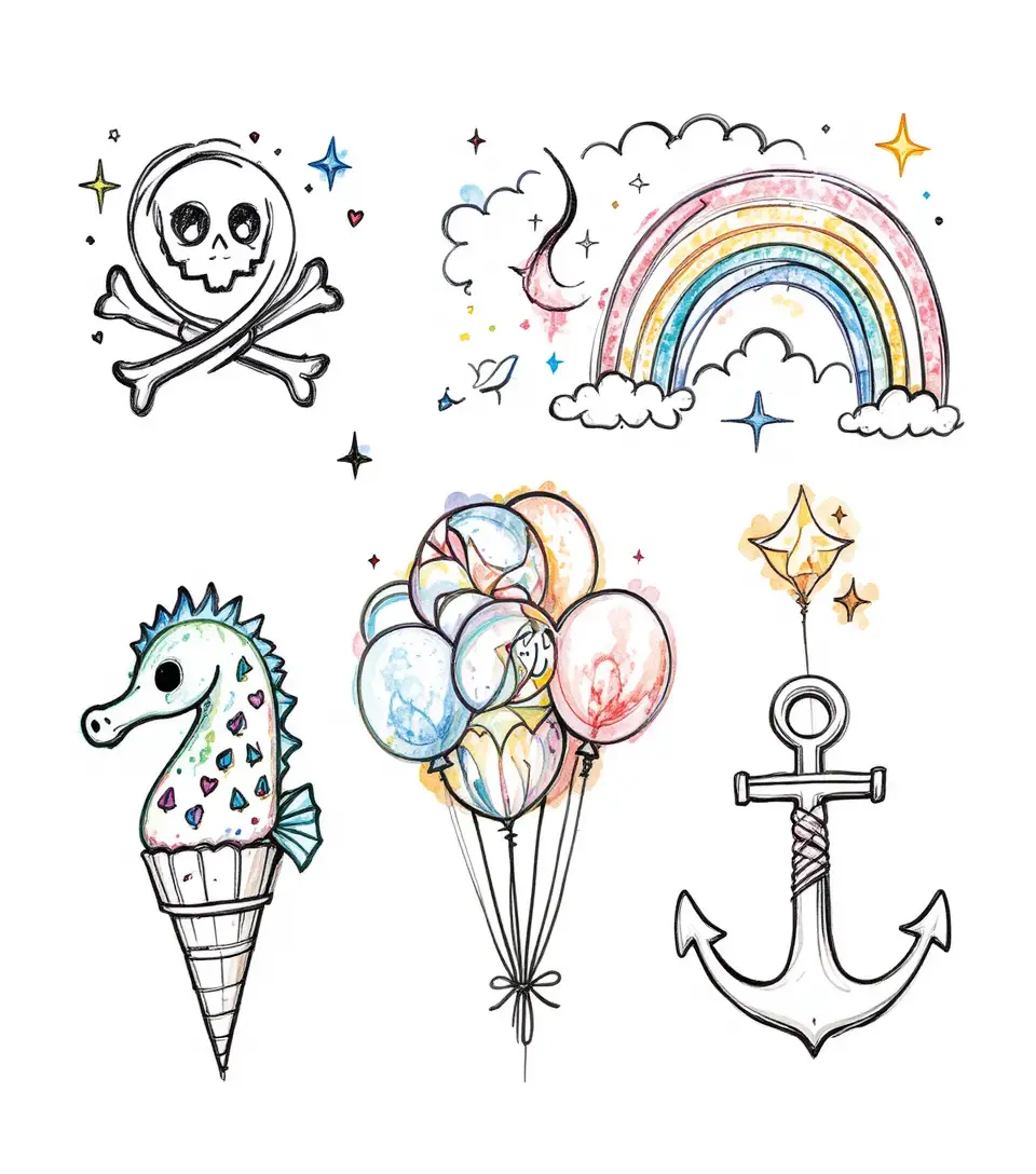 Playful line art icons of hearts skull rainbow and more