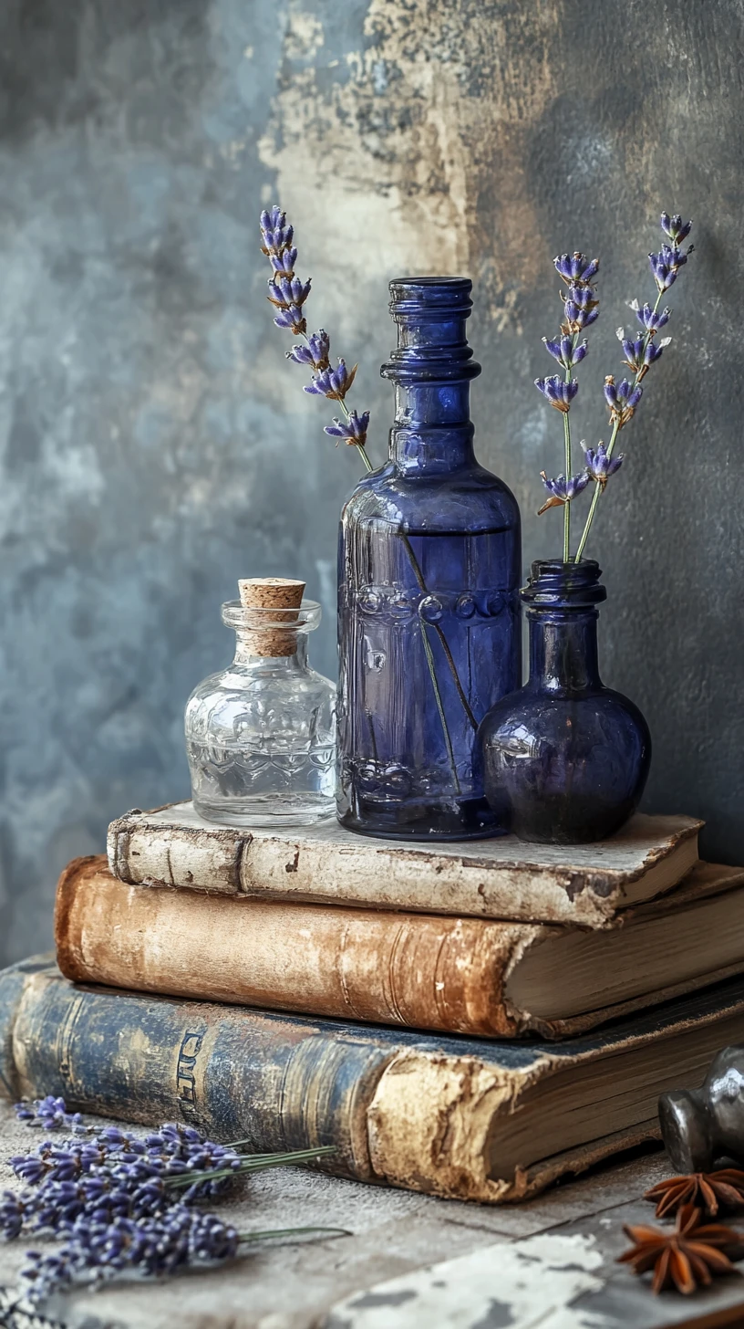 Natureza-morta em aquarela com livros antigos e garrafas de vidro