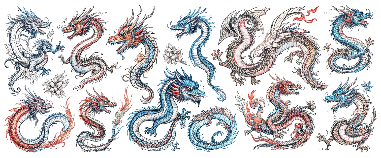 Designs de Tatuagem de Dragão Gravado em Fundo Branco Limpo