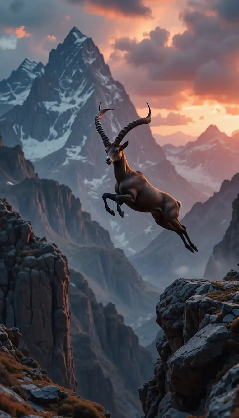 Alpine ibex leaping over a rocky mountain chasm at sunset