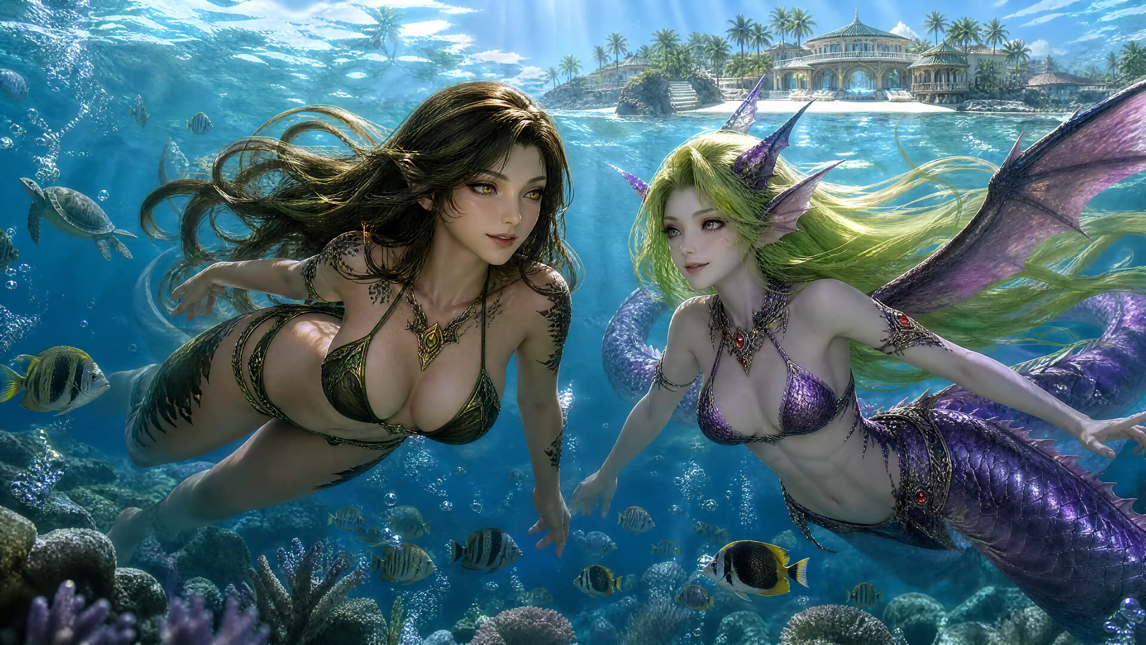 Duas mulheres de fantasia nadando juntas em uma cena subaquática
