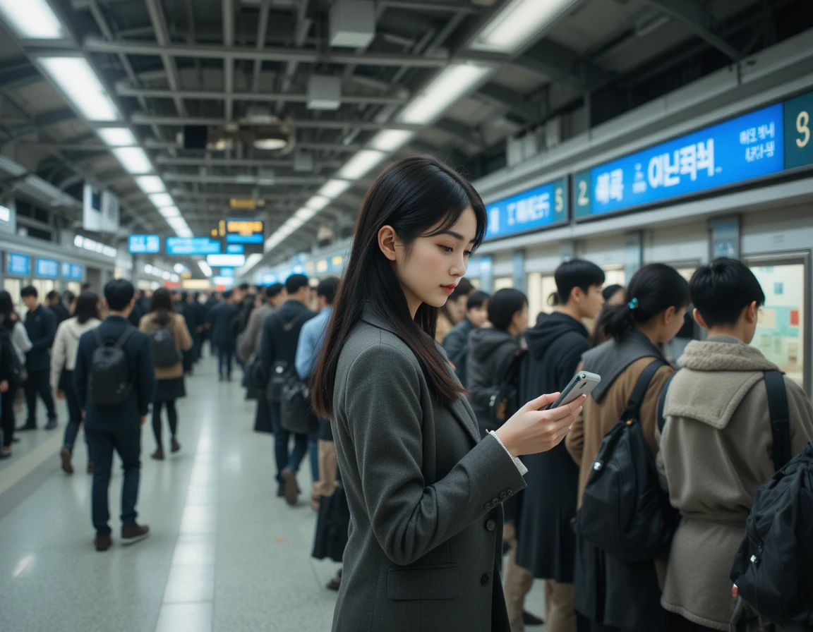 Jovem mulher esperando na fila em uma estação de trem em Seul