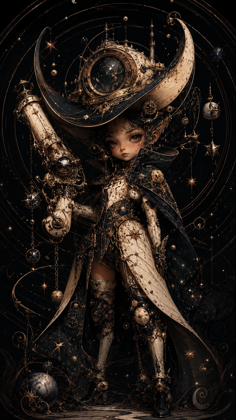 Misteriosa garota ladra de estrelas com elaborado canhão de mão steampunk