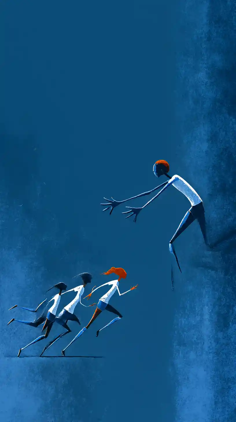 Elongated women soccer players sprinting across teal void