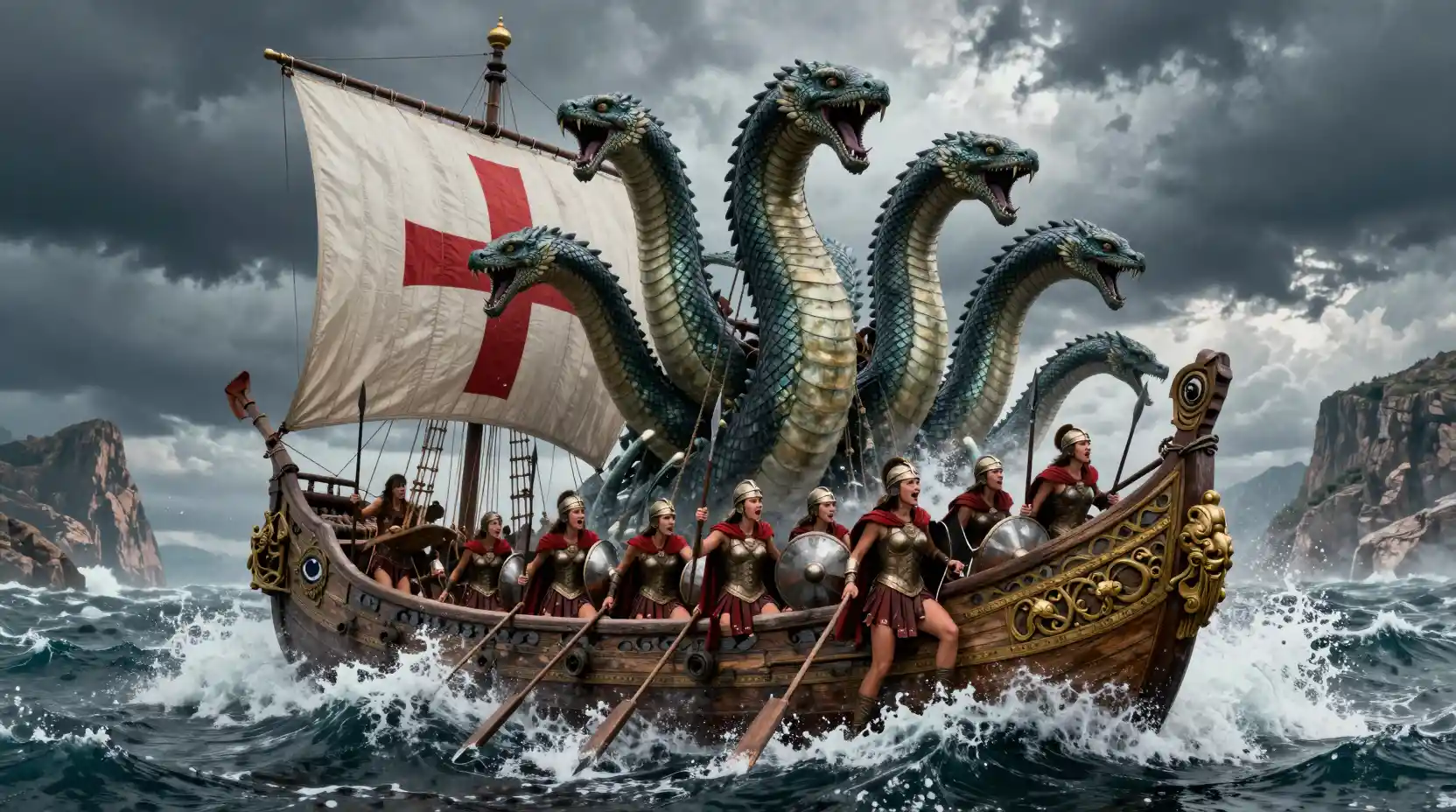 Greek warrior women battling a sea hydra in storm