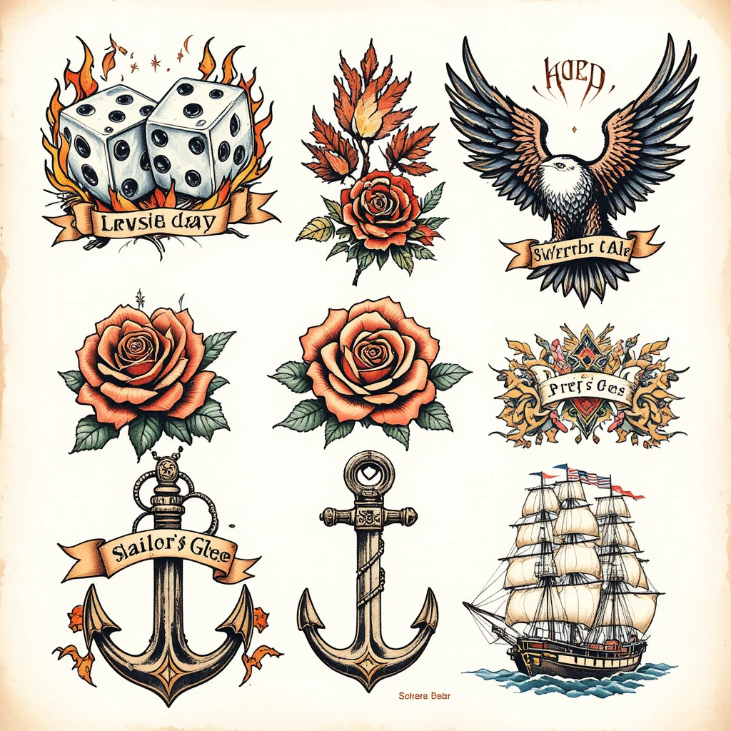 Vintage-Flash-Tattoo-Bogen mit klassischen Seefahrermotiven