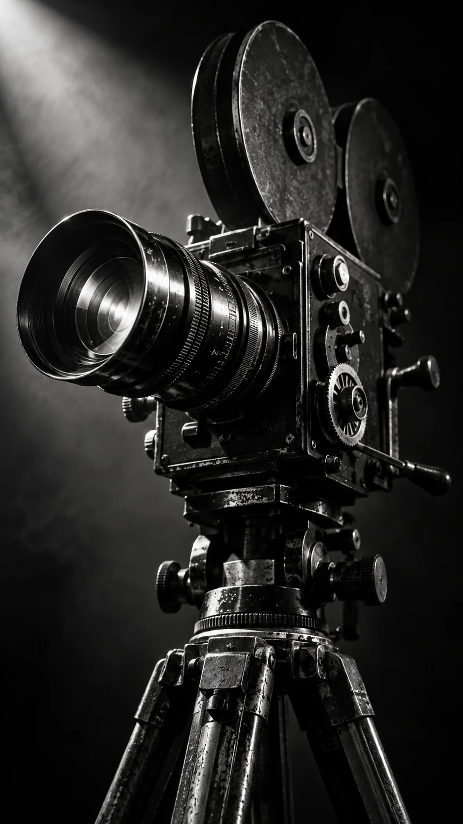 Macchina da presa vintage con illuminazione drammatica in bianco e nero