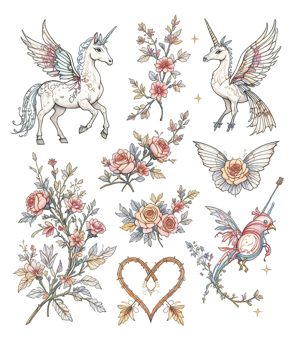 Illustrazioni di unicorno e fiori in stile tatuaggio su sfondo bianco