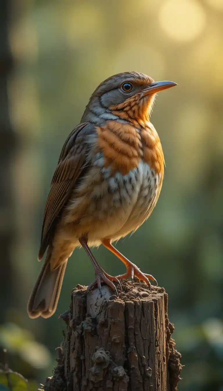 Close up thrush bird on forest tree trunk in sunlight