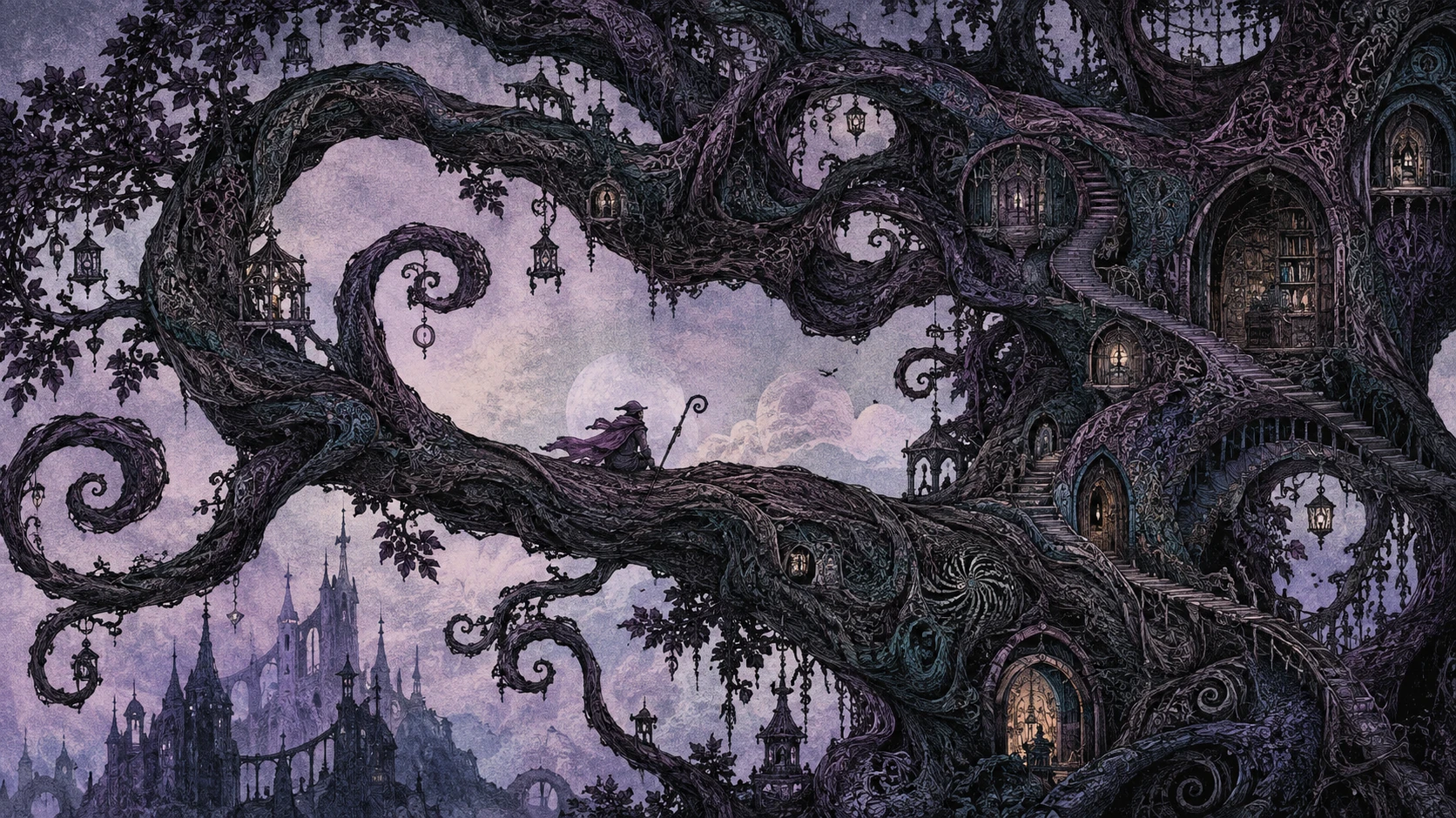 Arbre surréaliste tentaculaire aux branches en spirale et chambres cachées