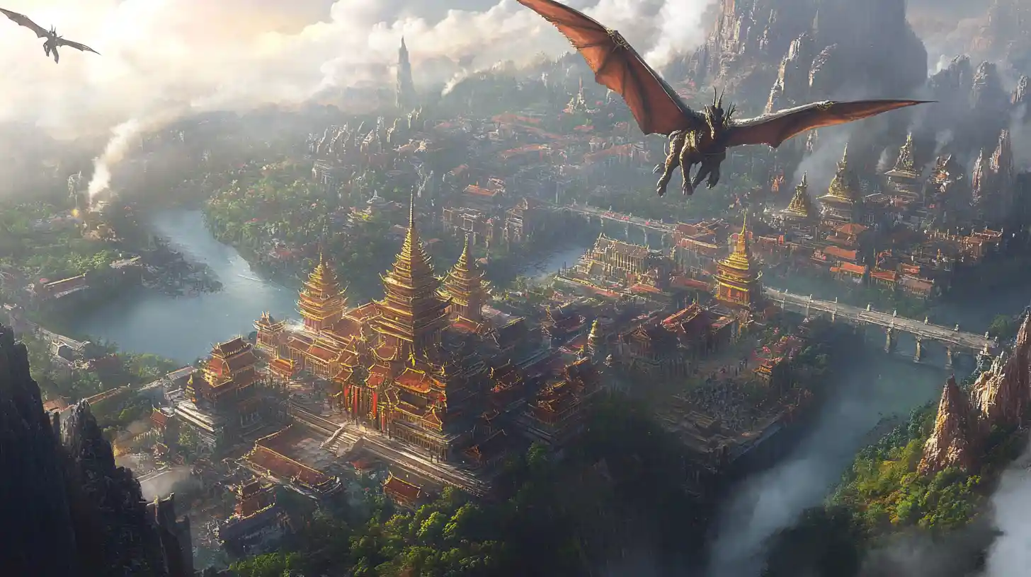 Warrior dragons patrol a hidden oriental fantasy city