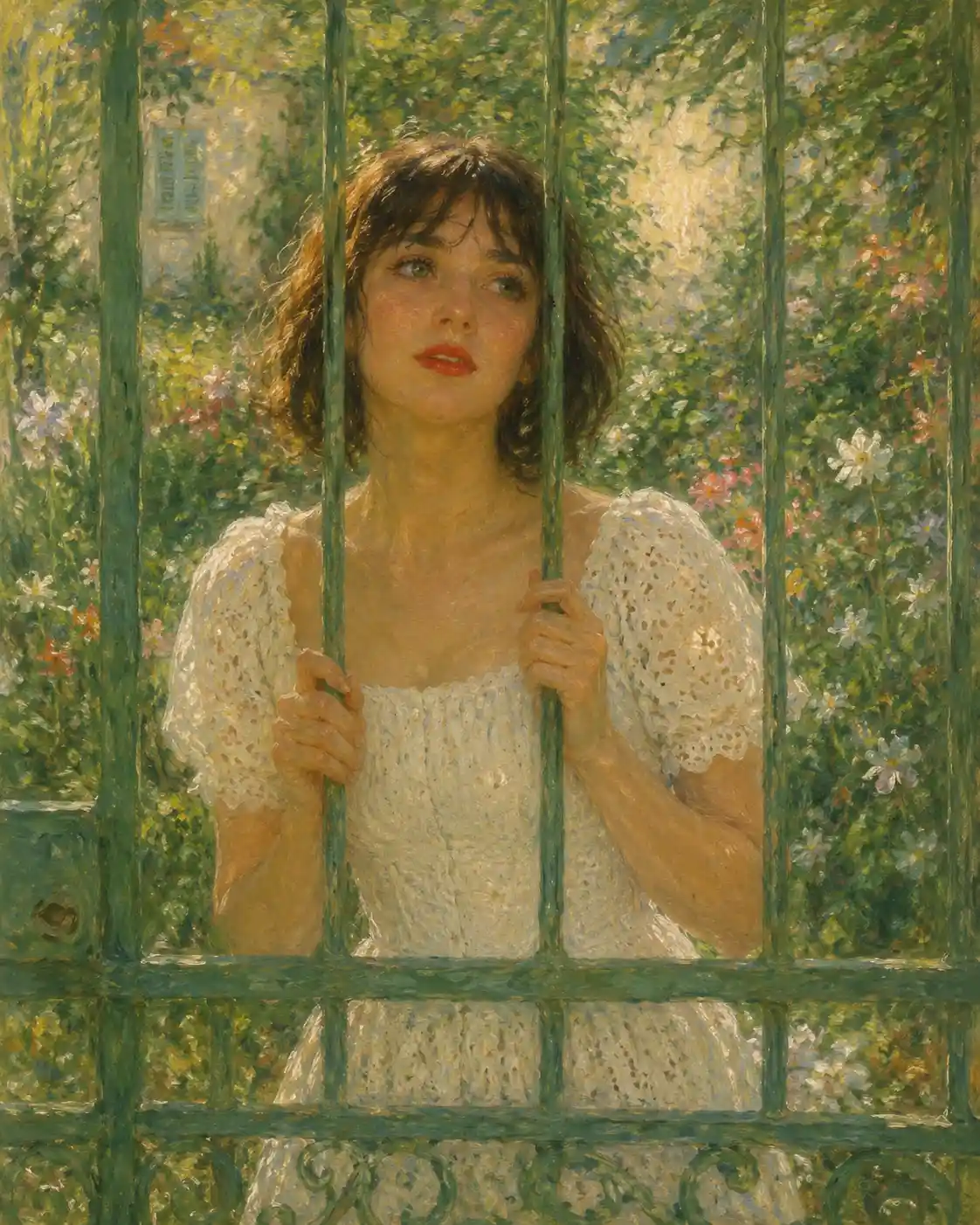 Nostalgic woman behind a green garden gate in soft light