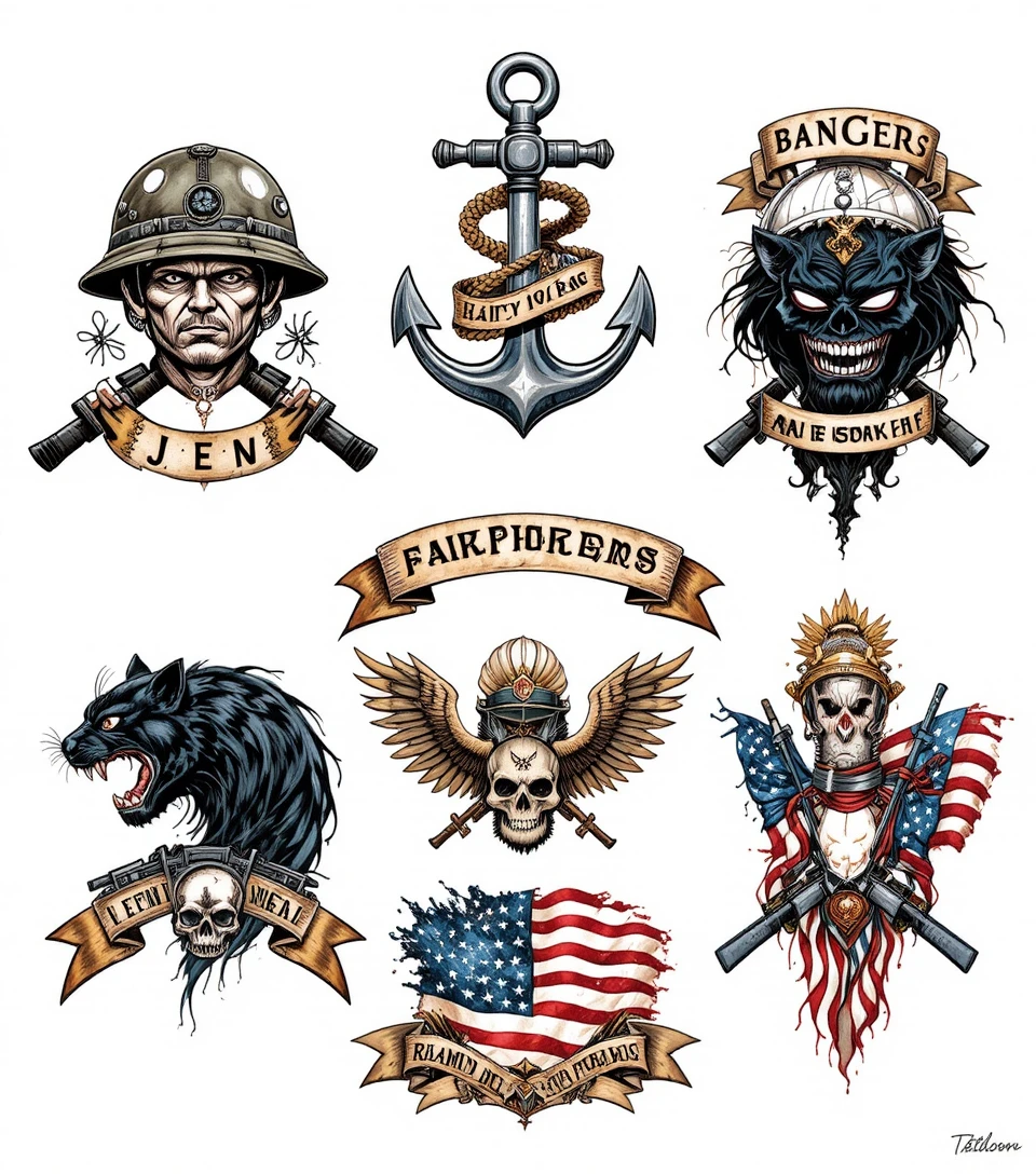 Klassisches American-Flash-Tattoo-Sheet mit markanten patriotischen Symbolen