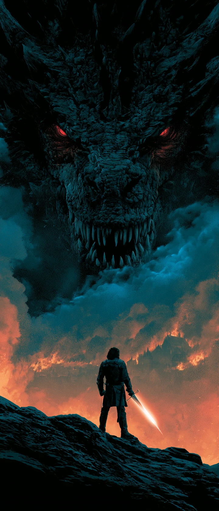 Ancien dragon noir planant au-dessus d’un chevalier médiéval solitaire