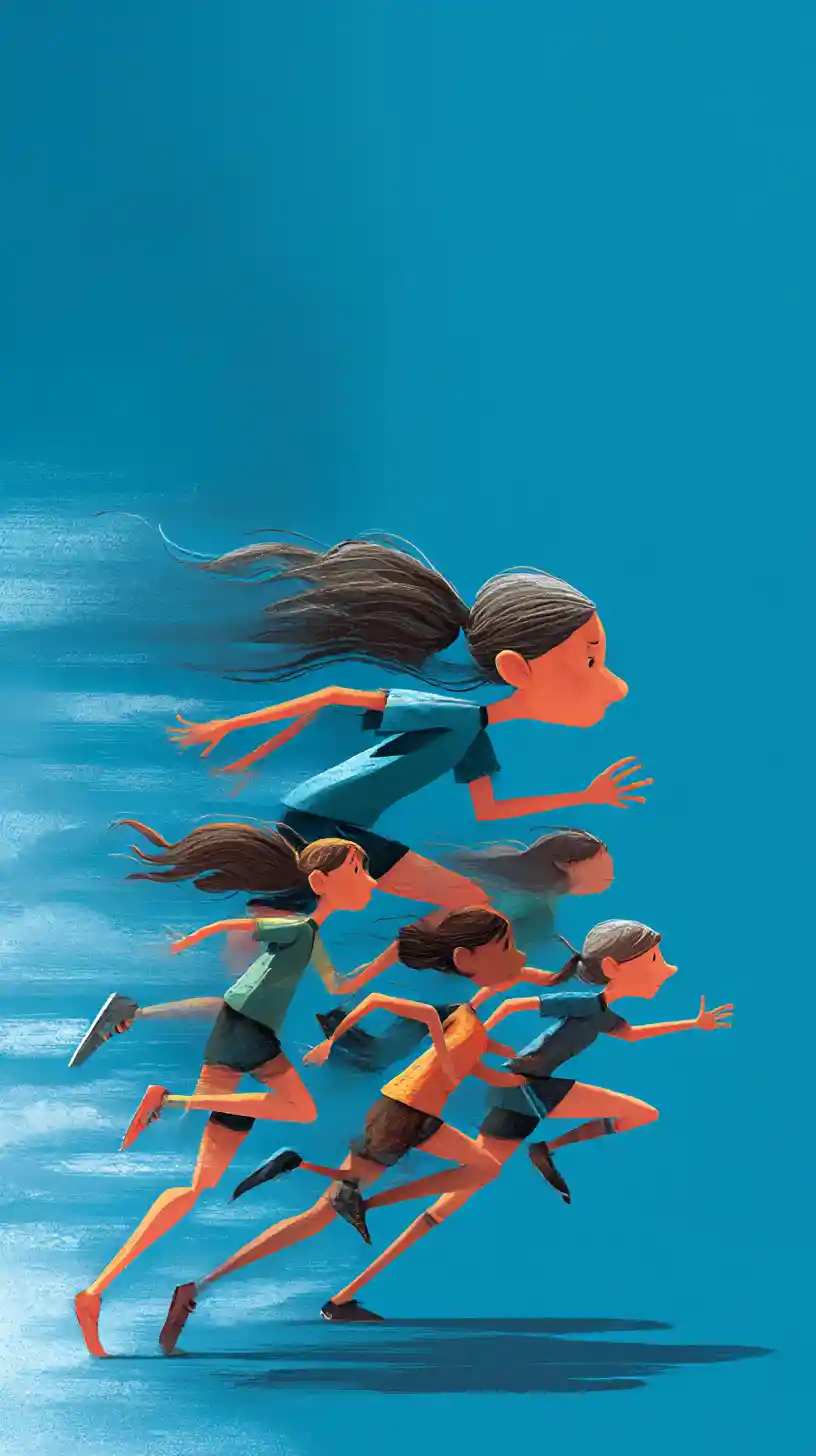 Elongated women footballers sprinting across a teal field