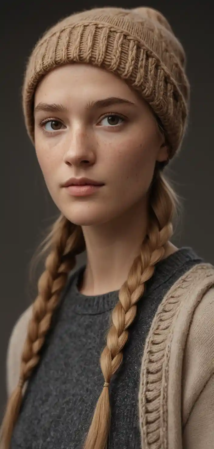 Young european woman in beanie close up cinematic portrait