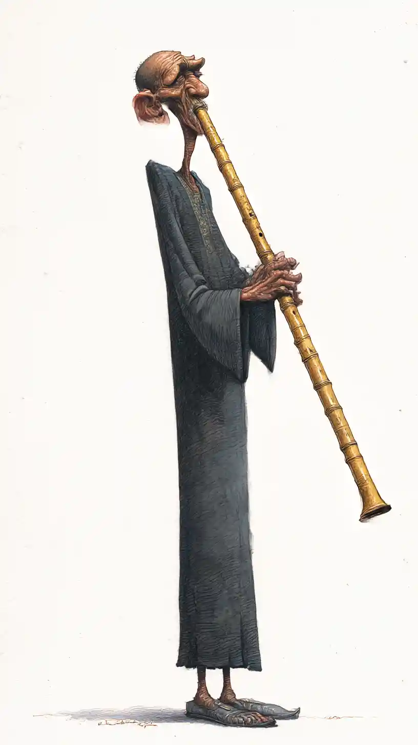 Tall egyptian flute player in surreal full body portrait