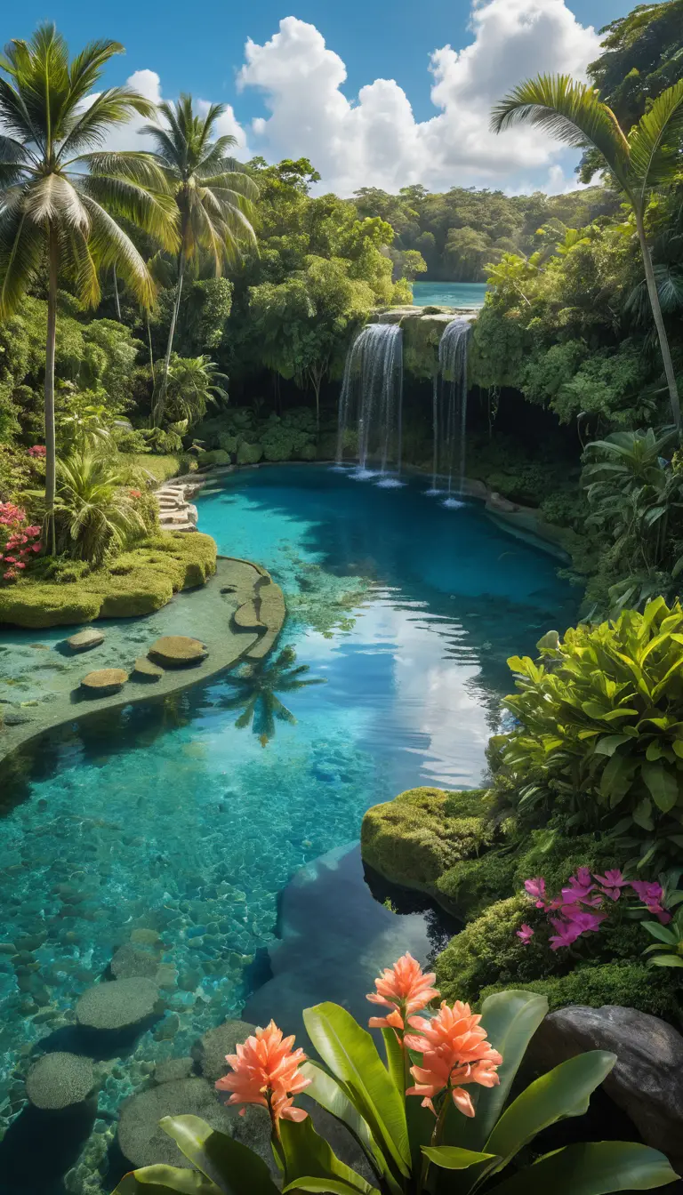 Peacock by turquoise tropical lagoon with lush waterfall cliffs