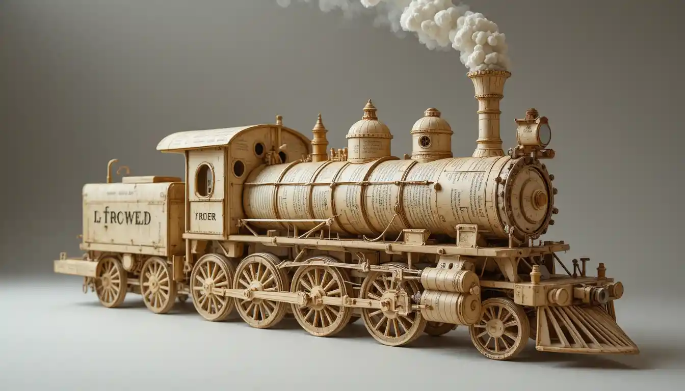 Victorian steam locomotive built from vintage paper pages