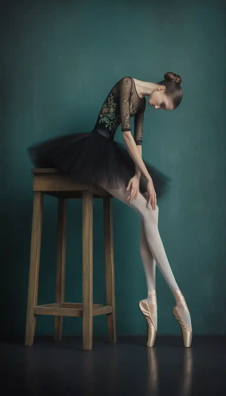 Surreal ballerina resting on a stool in dark teal space